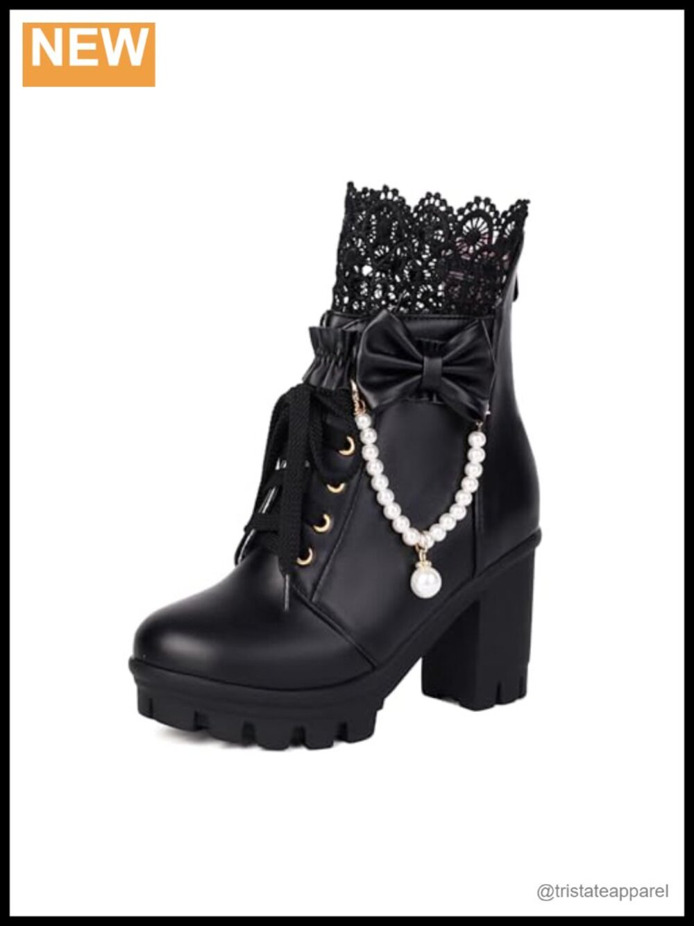 Faux Leather Lace-Up Platform Ankle Boots with Pearl Chains